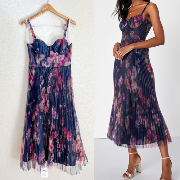 Lulus Dresses & Skirts - Alluring Invite Midnight Blue Floral Pleated Bustier Midi Dress